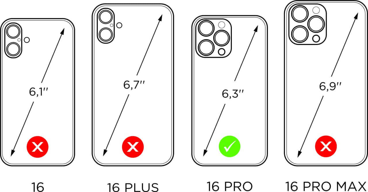 Compatibility guide illustration showing Marcel Robert leather case fits iPhone 16 Pro, not compatible with iPhone 16 Pro Max, 16 Plus, 16 or 16 e