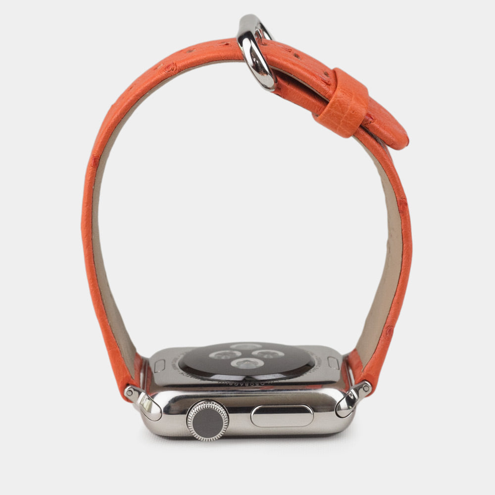 Strap for the Apple Watch 41/42 mm in orange ostrich leather, with steel adapters and buckle | main view