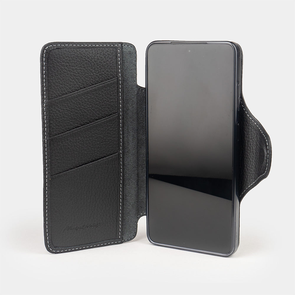 black leather Samsung S26 Ultra wallet cardholder case opened showing interior & 3 cardholder slots