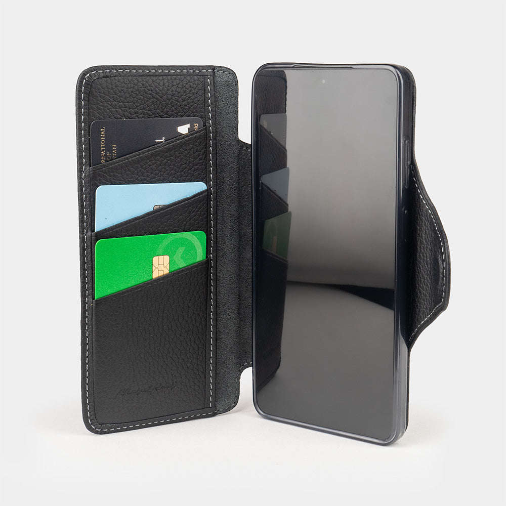 black leather Samsung S26 Ultra wallet cardholder case view of the inside with 3 credit cards