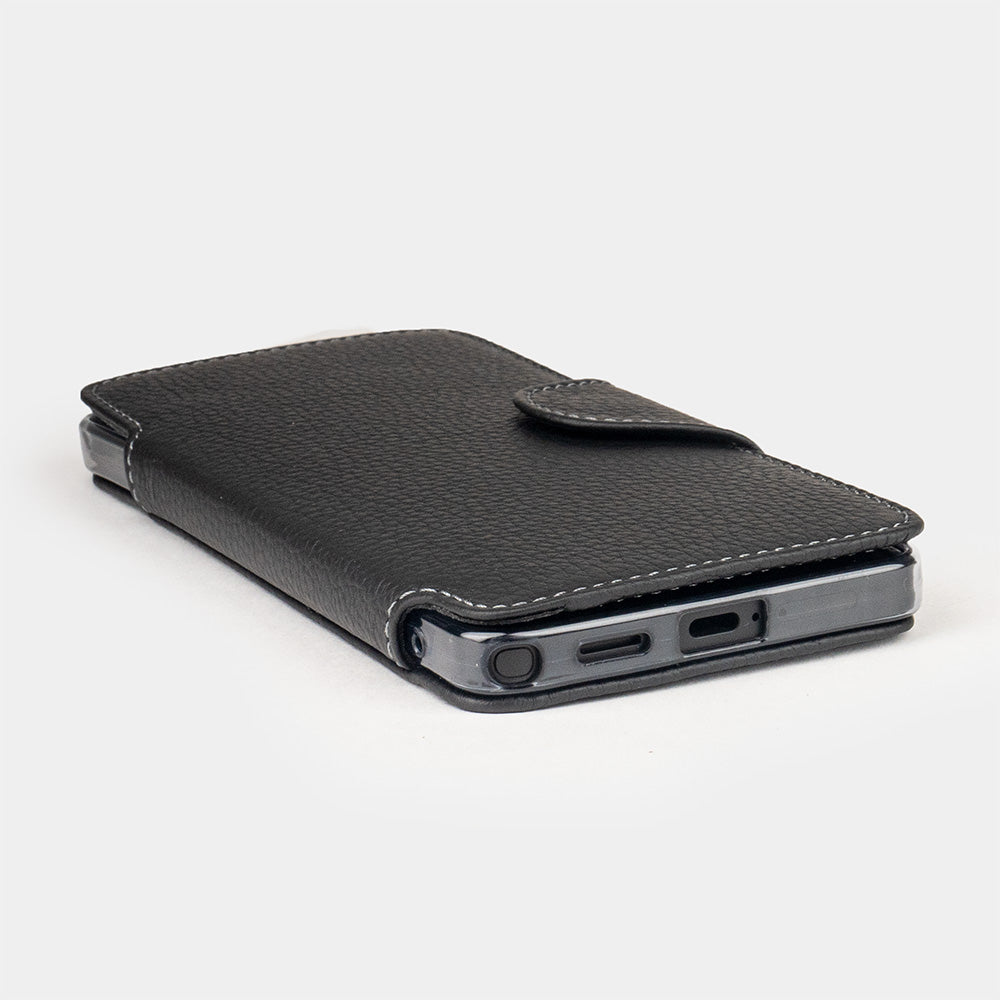 black leather Samsung S26 Ultra wallet cardholder case bottom view showing slim profile & precise cut-outs