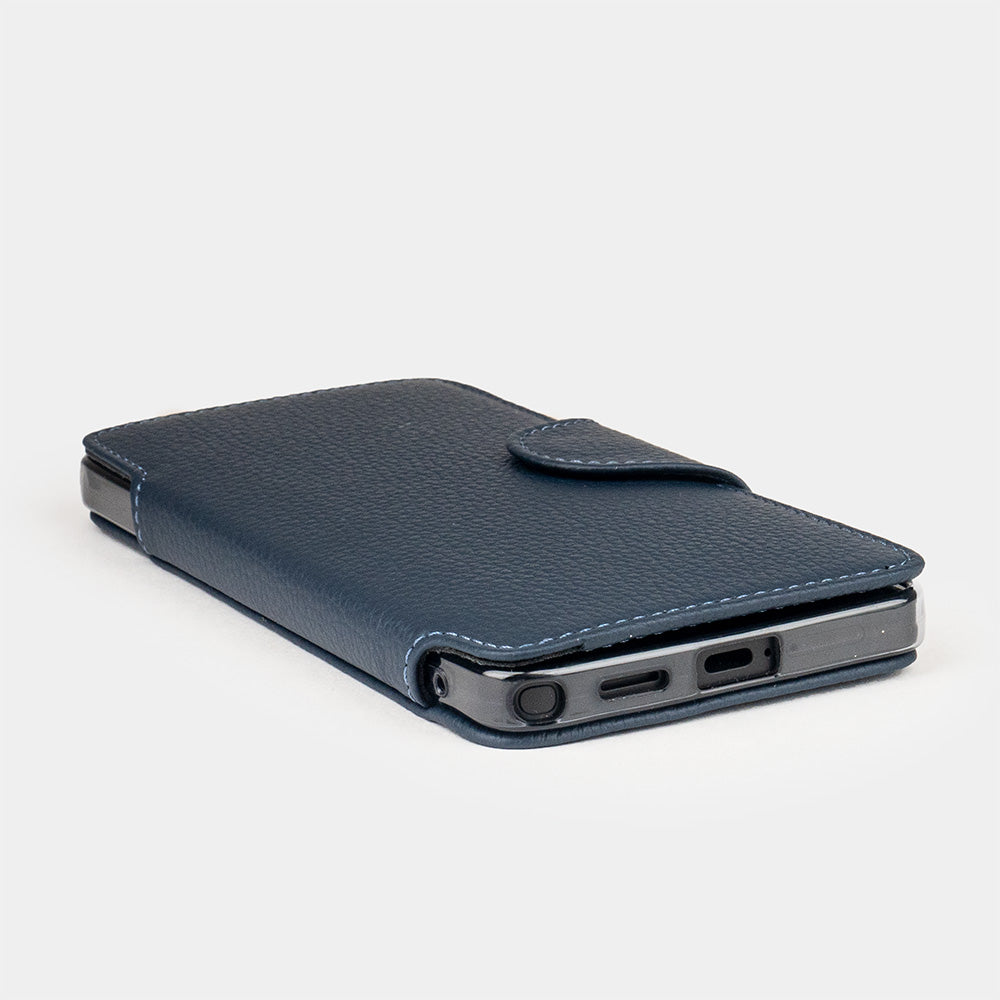 blue leather Samsung S26 Ultra wallet cardholder case bottom view showing slim profile & precise cut-outs