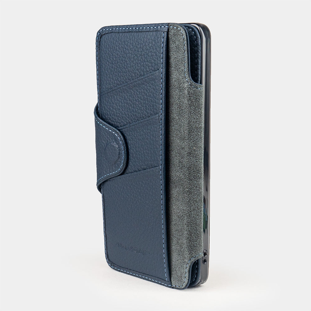 blue leather Samsung S26 Ultra wallet cardholder case with magnetic closure showing the 3 card slots and banknote slot