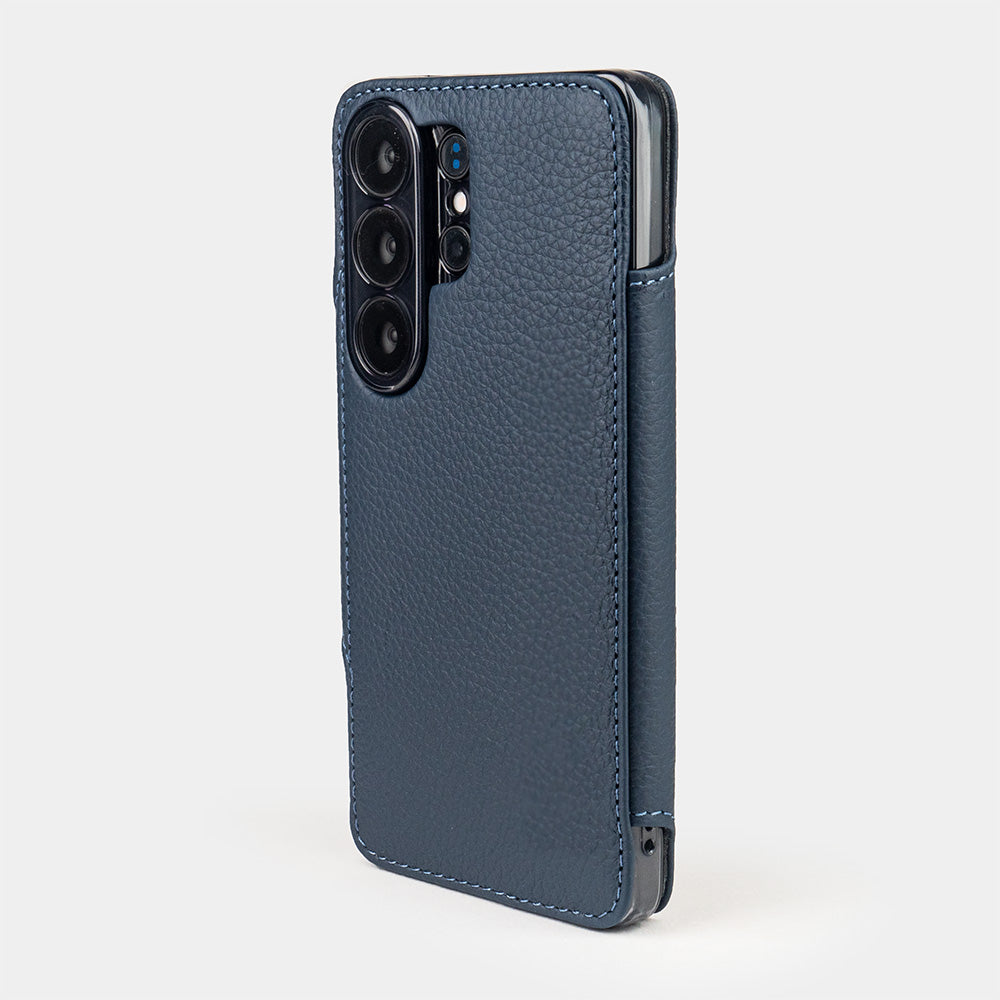 blue leather Samsung S26 Ultra wallet with cardholder case rear view showing camera cut-out and lenses protection
