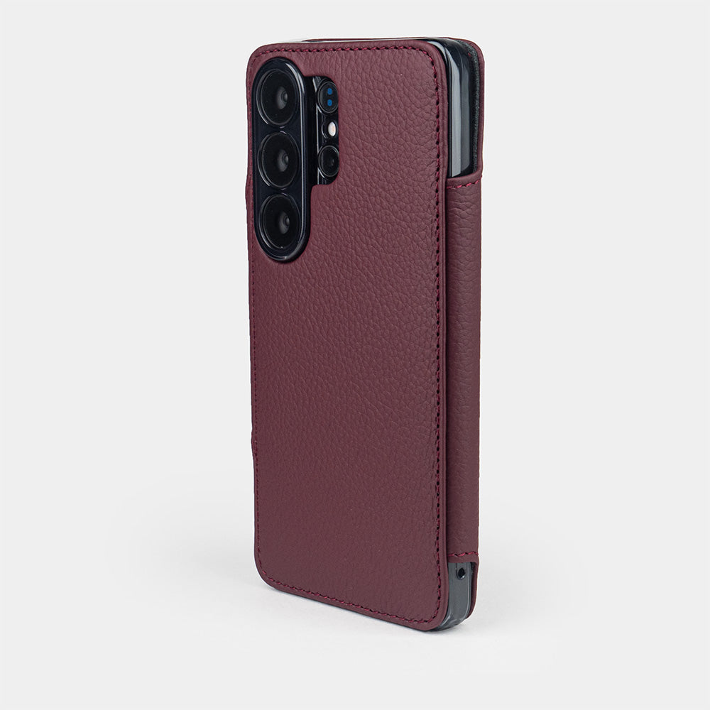 bordeaux leather Samsung S26 Ultra wallet with cardholder case rear view showing camera cut-out and lenses protection