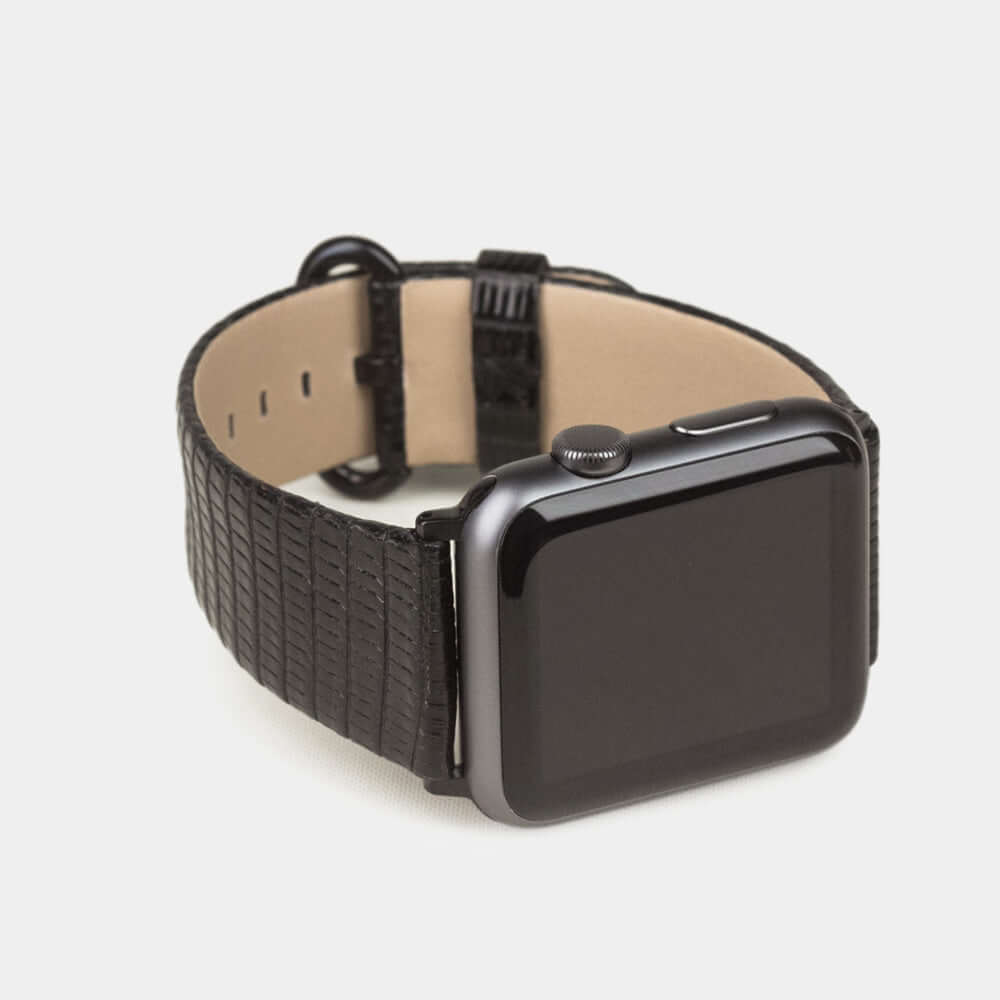 black lizard strap apple watch black adapters and buckle frontal view