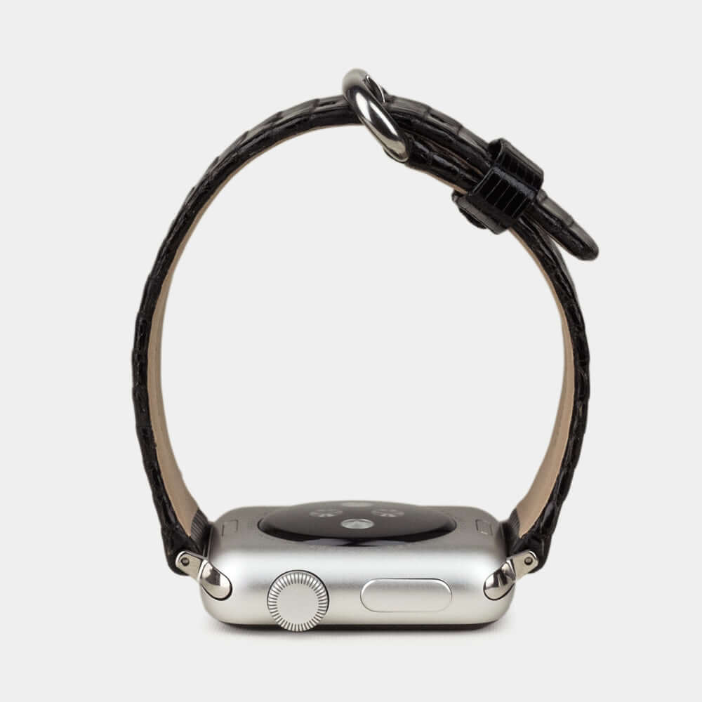 black lizard strap apple watch steel adapters and buckle profile view