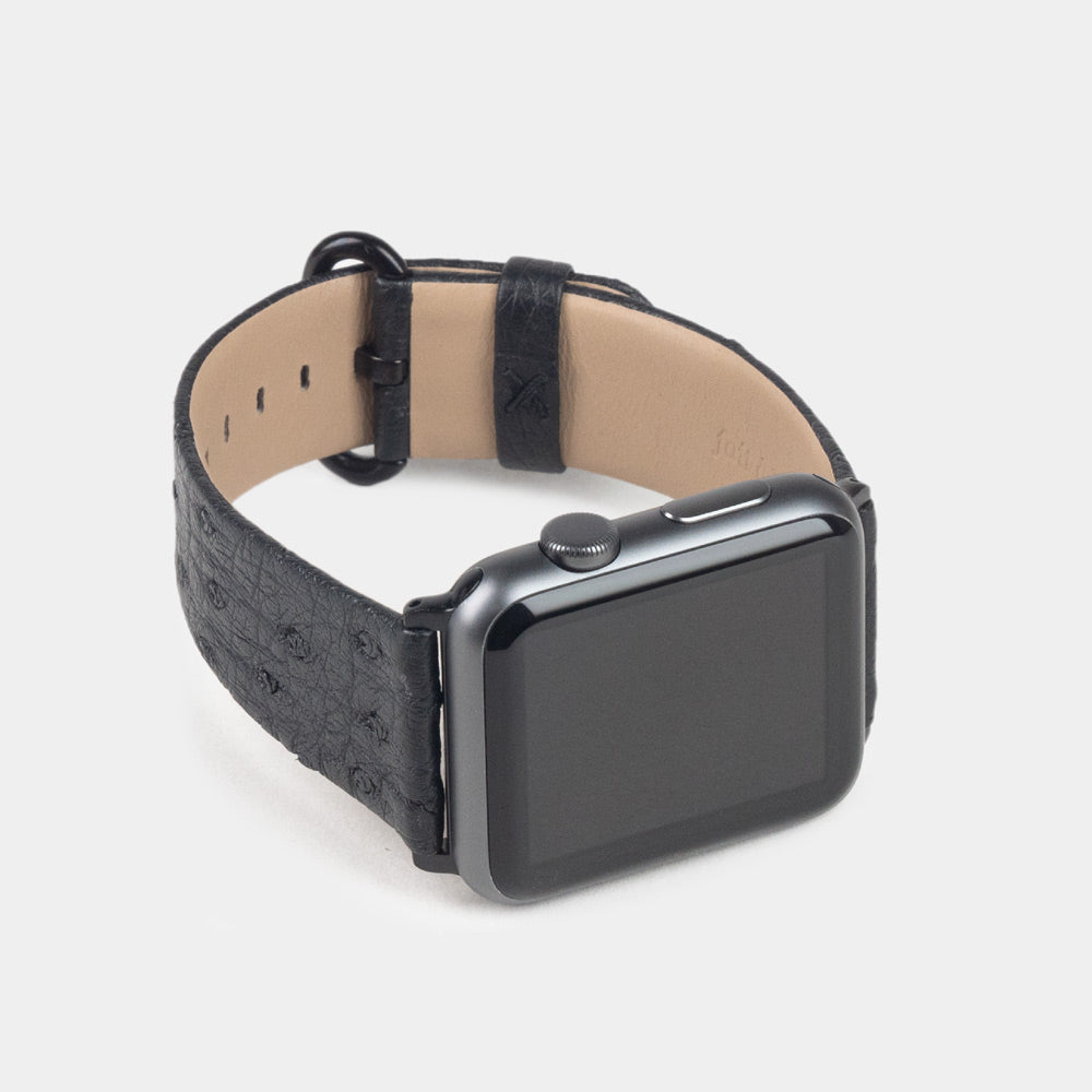 black ostrich strap apple watch with black adapters and buckle frontal view