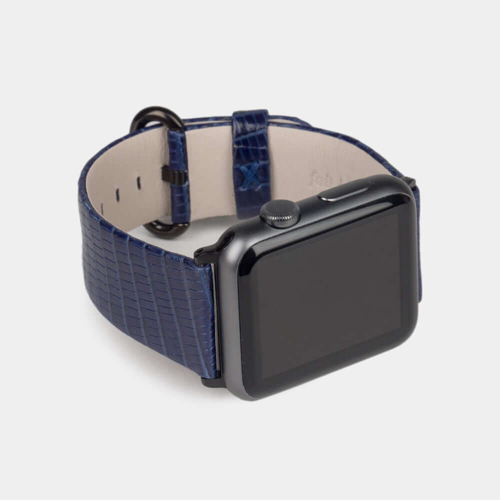 blue lizard leather strap apple watch black adapters and buckle frontal view