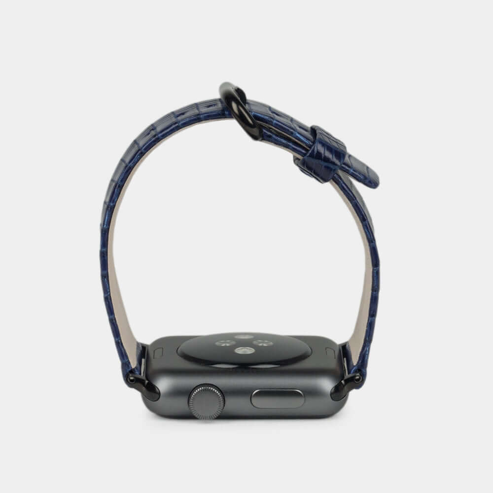 blue lizard leather strap apple watch black adapters and buckle profile view