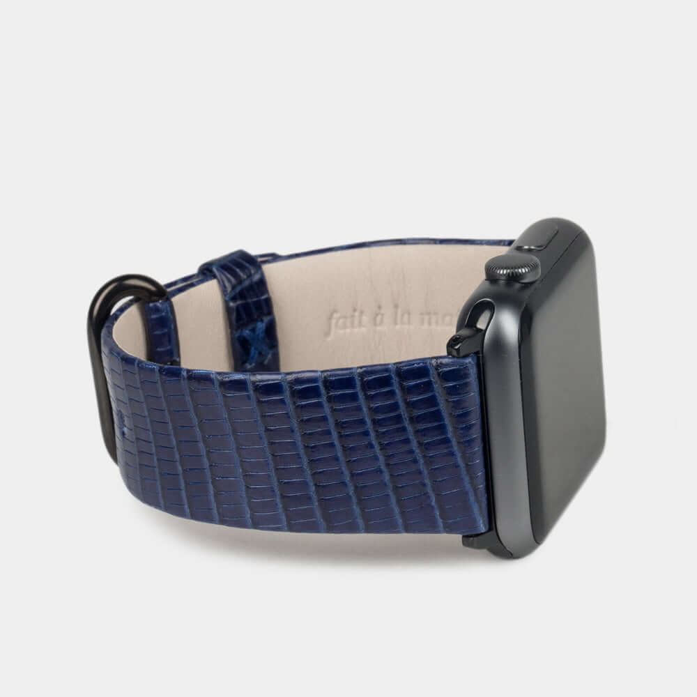 blue lizard leather strap apple watch black adapters and buckle side view
