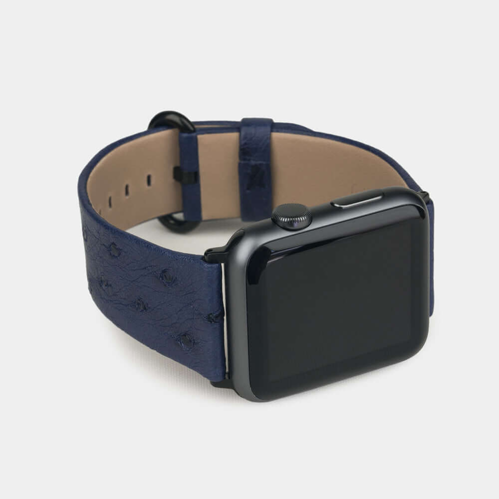 blue ostrich strap apple watch black adapters and buckle frontal view