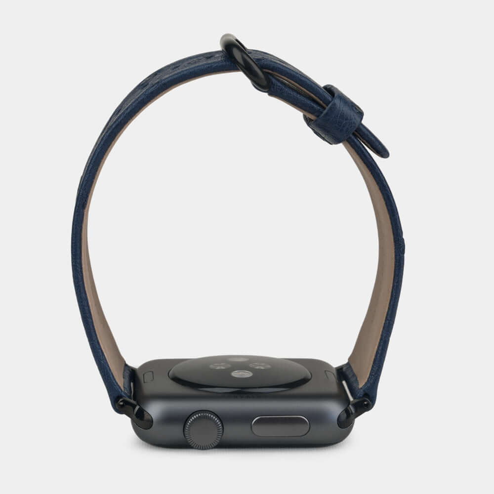 blue ostrich strap apple watch black adapters and buckle profile view