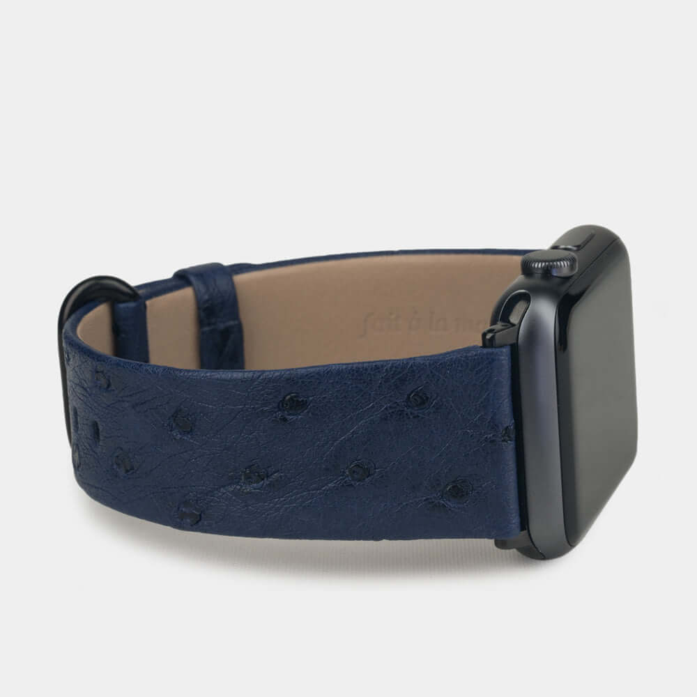 blue ostrich strap apple watch black adapters and buckle side view