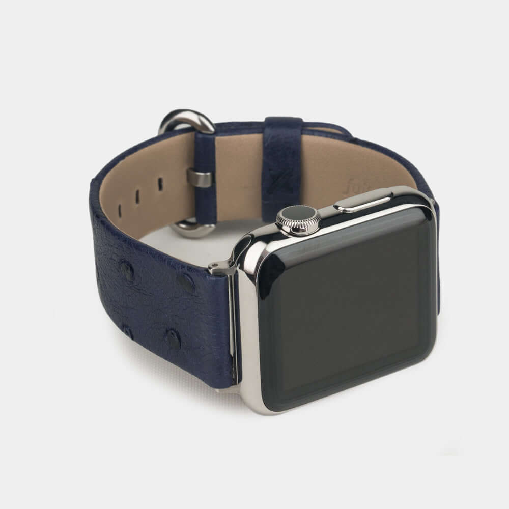 blue ostrich strap apple watch steel adapters and buckle frontal view