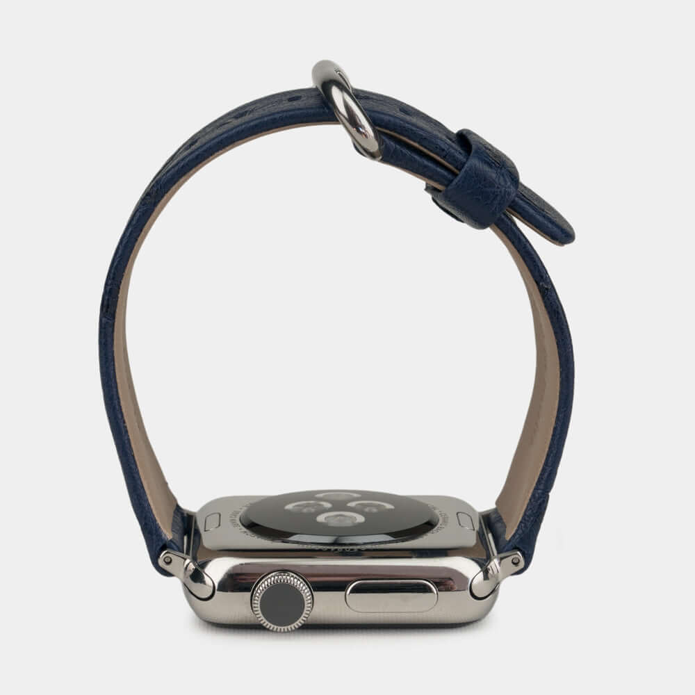 blue ostrich strap apple watch steel adapters and buckle profile view