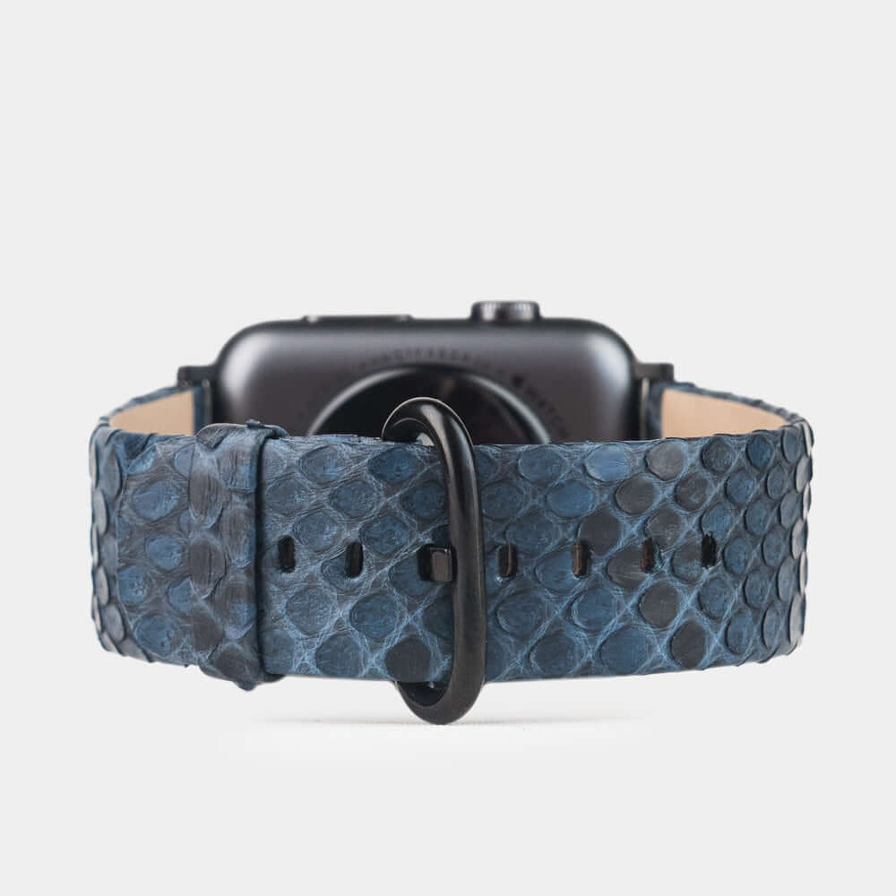 blue python strap apple watch with black adapters and buckle main image