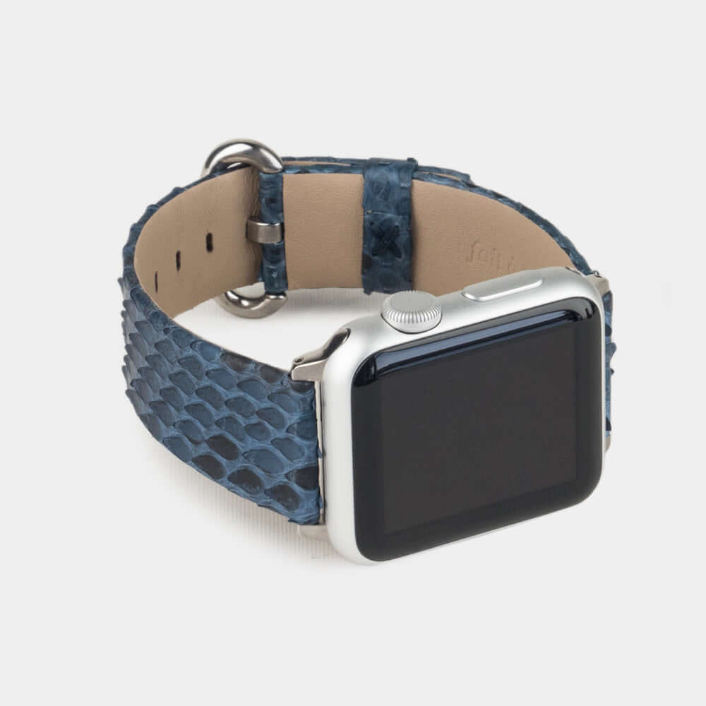 blue python strap apple watch with steel adapters and buckle frontal view