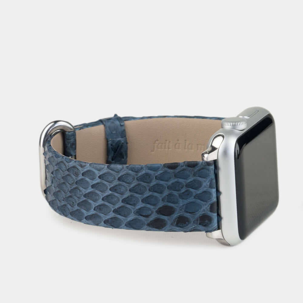 blue python strap apple watch with steel adapters and buckle side view