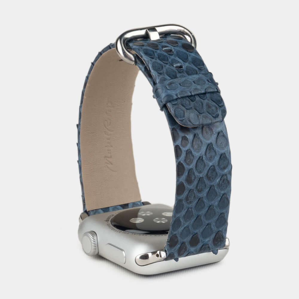 blue python strap apple watch with steel adapters and buckle upper view