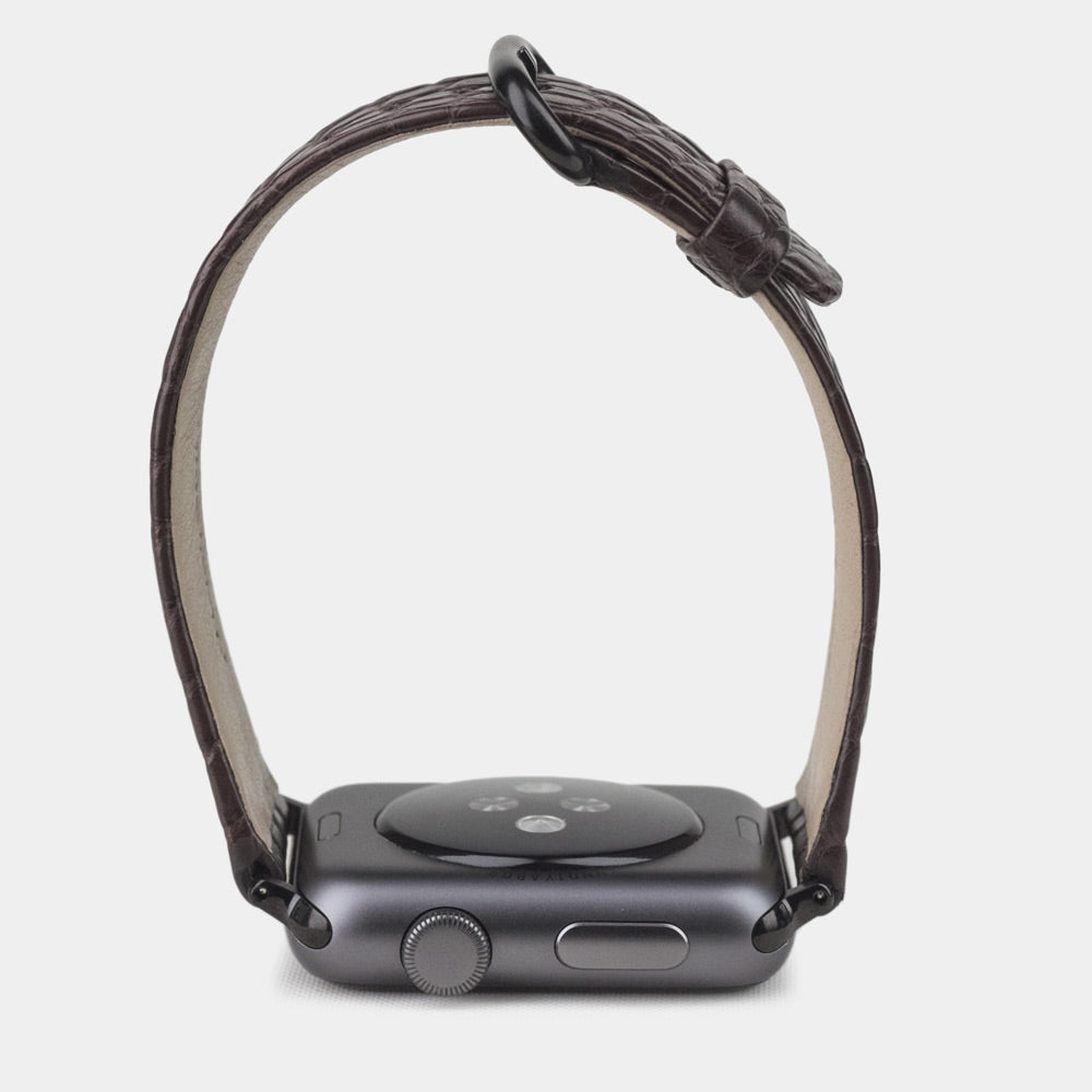 brown alligator band apple watch black adapters and buckle profile view