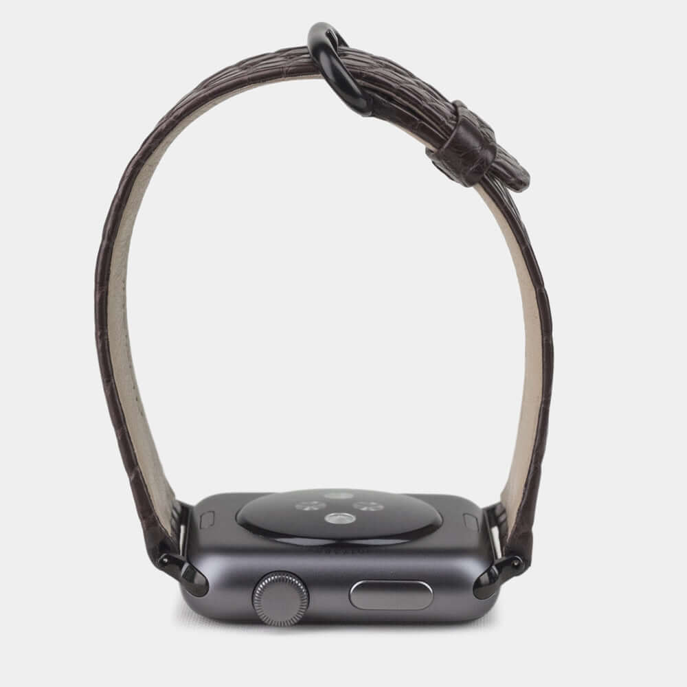 brown alligator band apple watch black adapters and buckle profile view