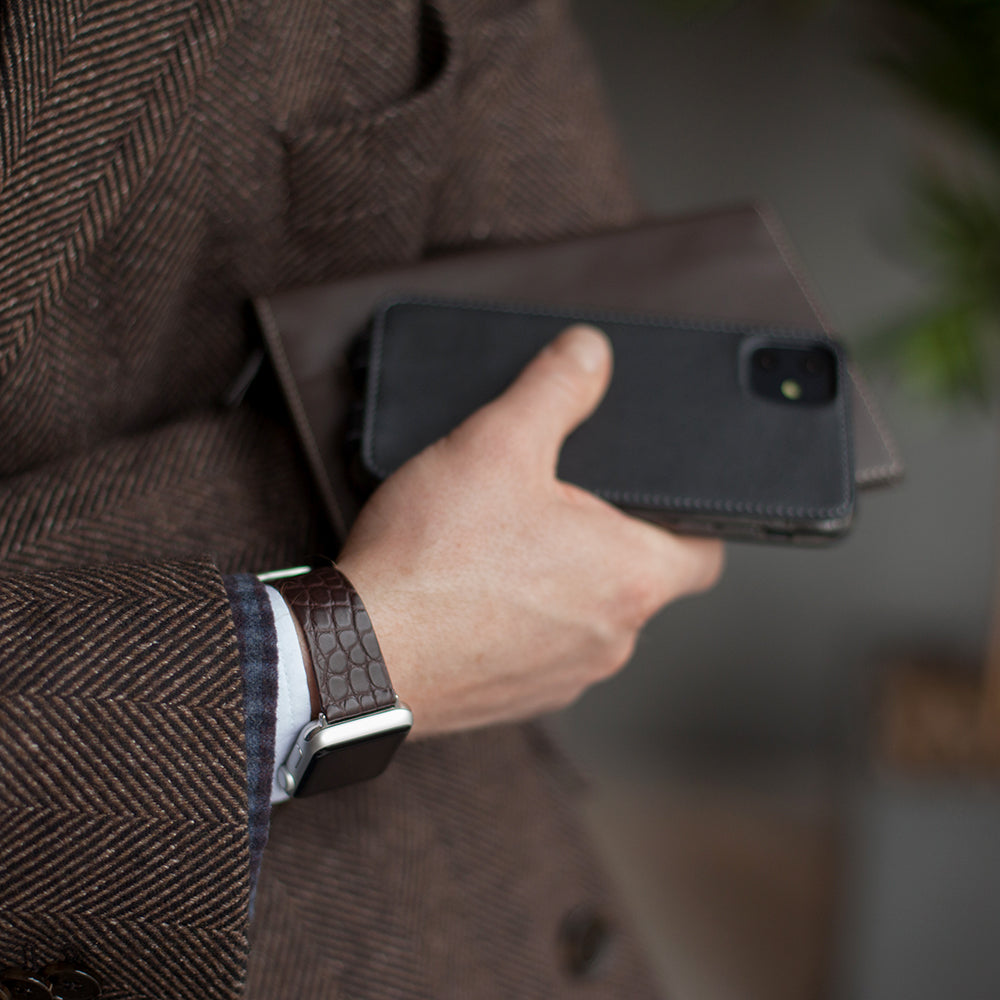 brown alligator band apple watch steel adapters and buckle contextual visual