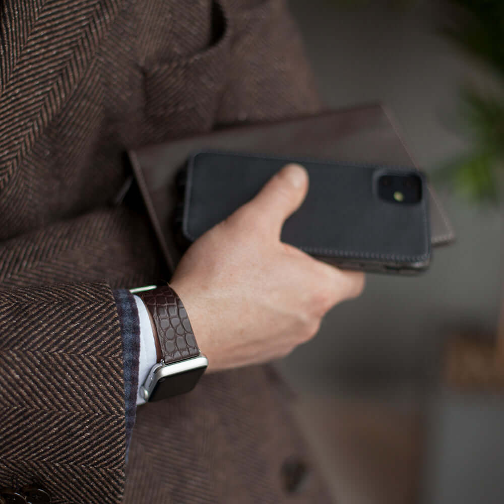 brown alligator band apple watch steel adapters and buckle contextual visual