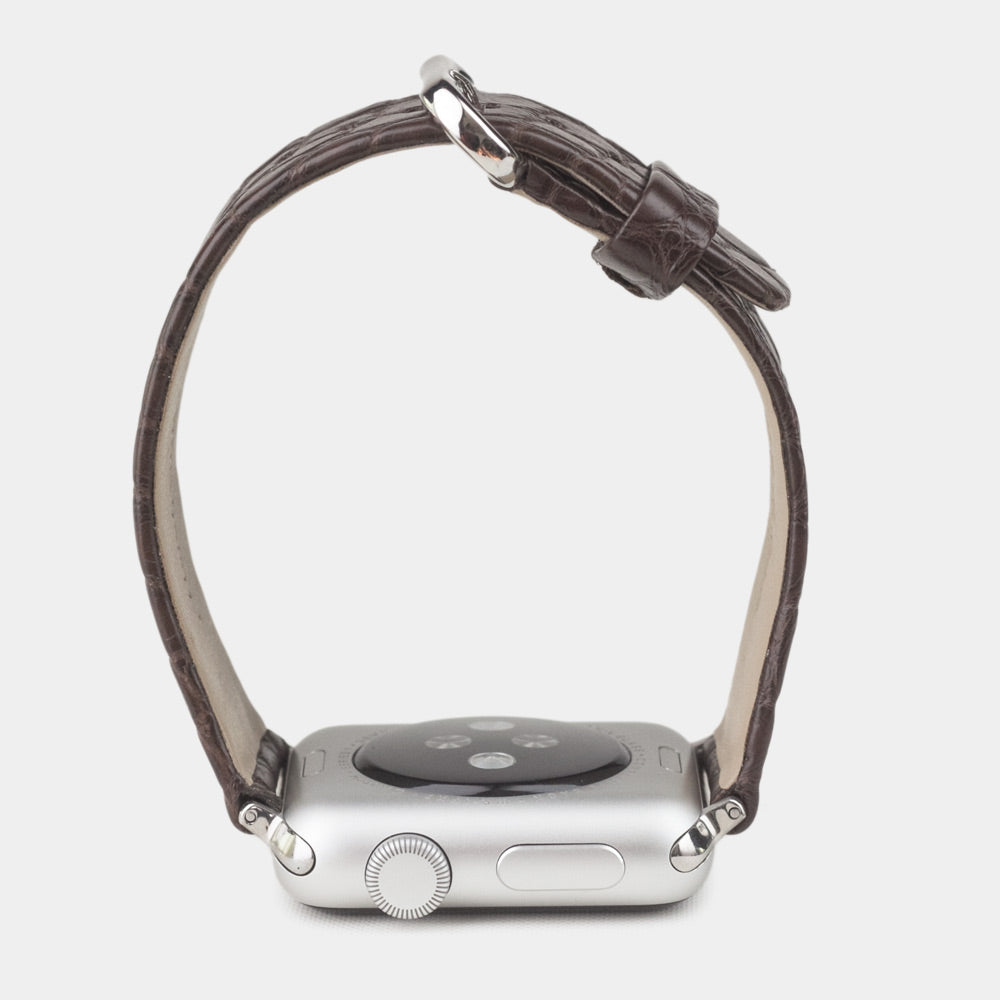 brown alligator band apple watch steel adapters and buckle profile view