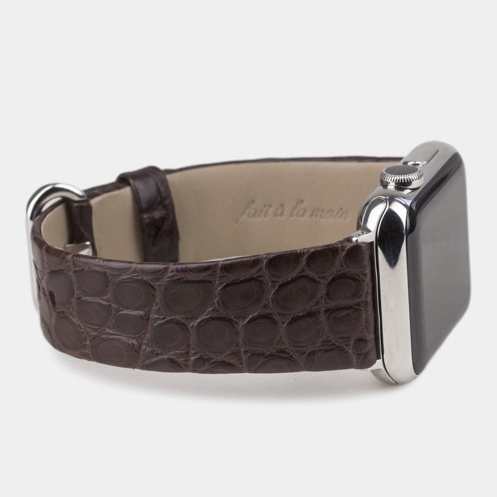 brown alligator band apple watch steel adapters and buckle side view