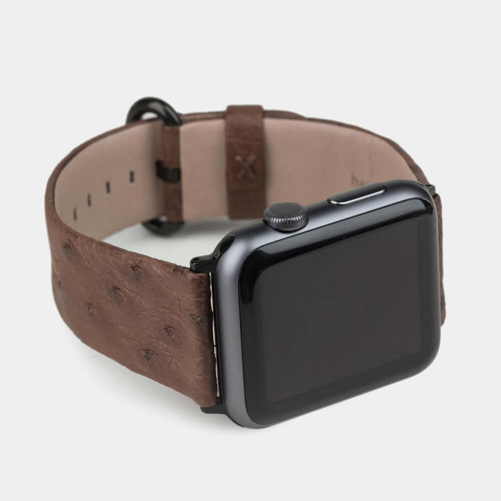 brown ostrich strap apple watch with black adapters & buckle frontal view