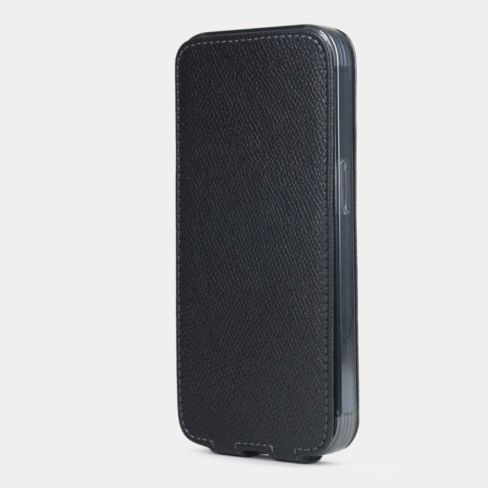 black Calfskin Case iPhone 15 Pro – phone flip case with textured natural scale pattern, flexible front cover folding back to protect the smartphone screen