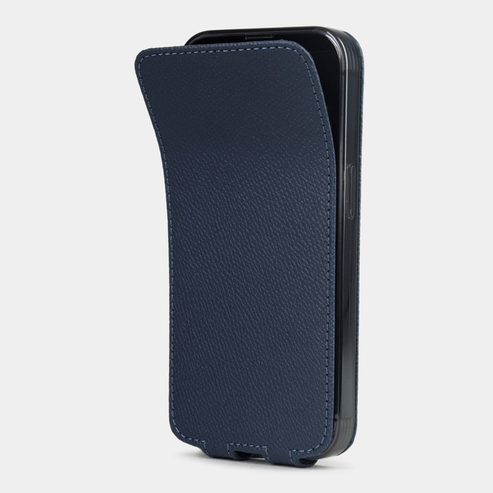 blue Calfskin Case iPhone 15 Pro – upright closed view highlighting the magnetic front cover fully protecting the screen, elegant silhouette