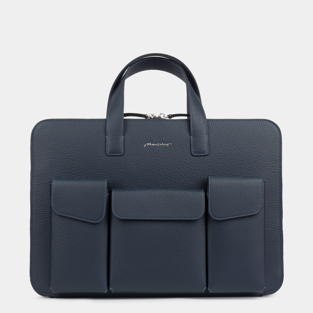 Men’s 17 inch blue leather laptop bag with pockets - full-grain leather, executive business briefcase front view