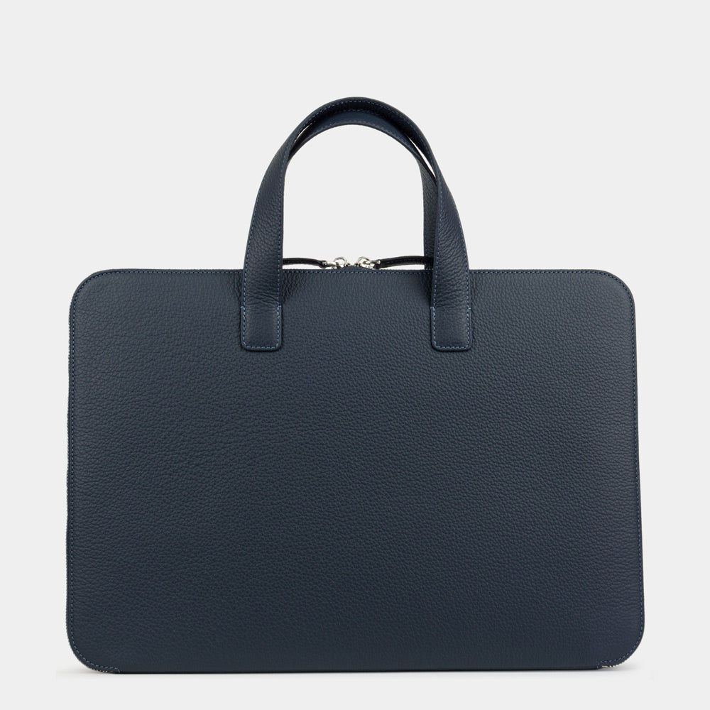 Blue 17 inch leather laptop bag with pockets back view, structured professional design