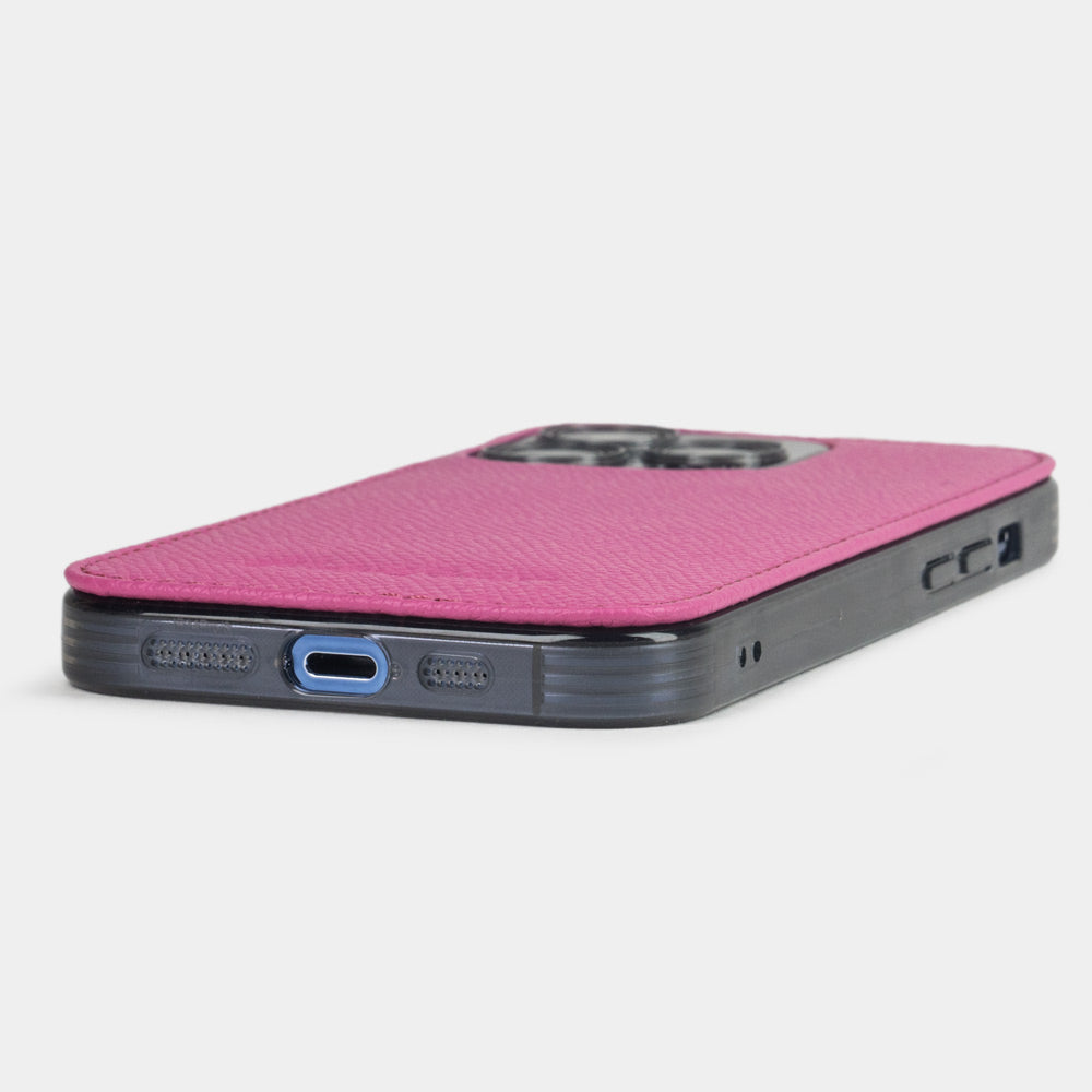 fushia saffiano leather Cover Case iPhone 15 - flat side view displaying ultra-thin handcrafted design, USB-C port opening and precise edge finishing
