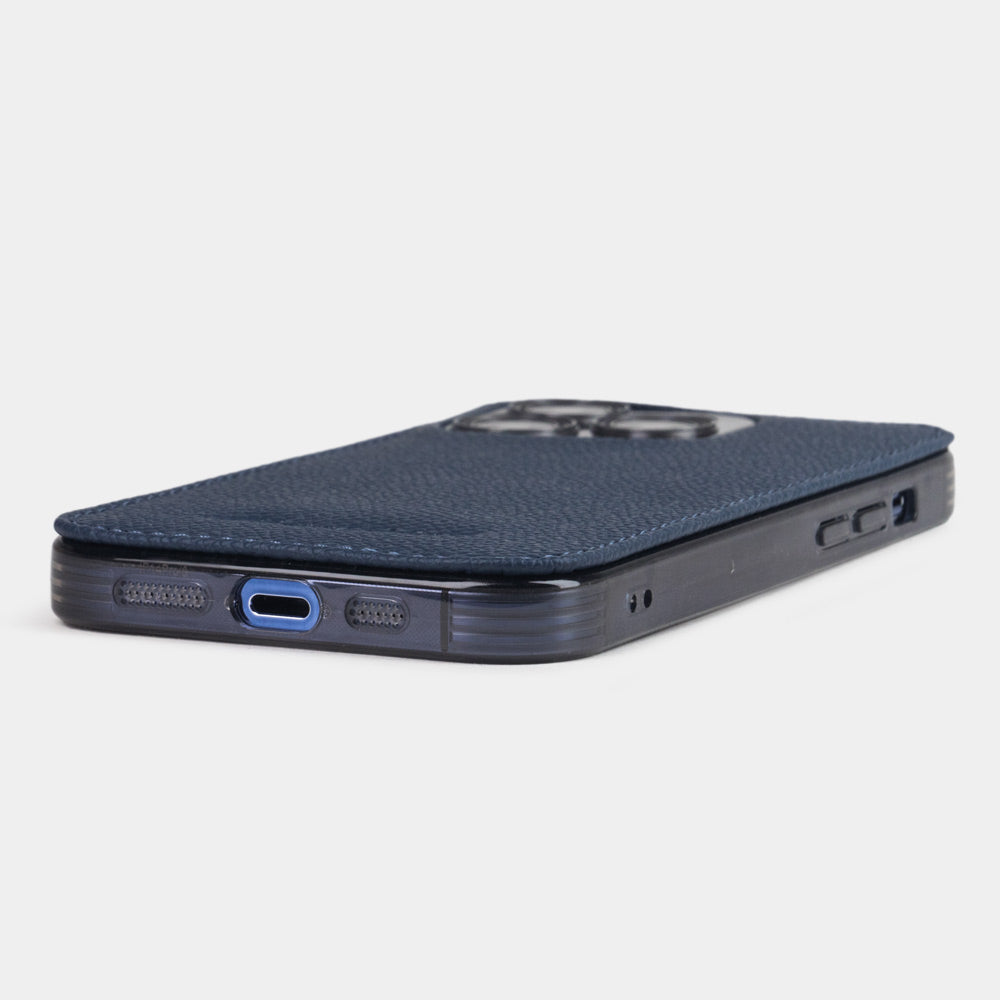 blue saffiano leather Cover Case iPhone 15 Pro - flat side view displaying ultra-thin handcrafted design, USB-C port opening and precise edge finishing