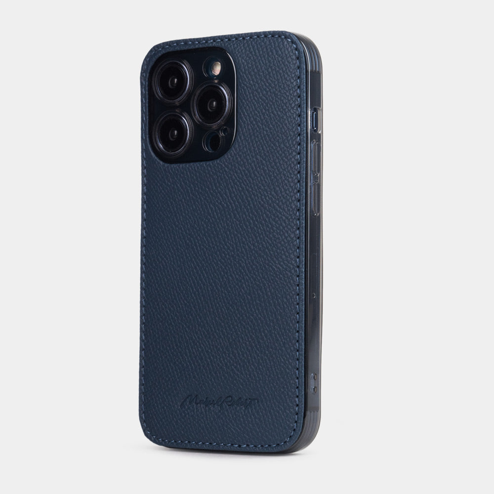 blue saffiano leather Cover Case iPhone 15 Pro max - view from camera side & how the lenses are efficiently protected