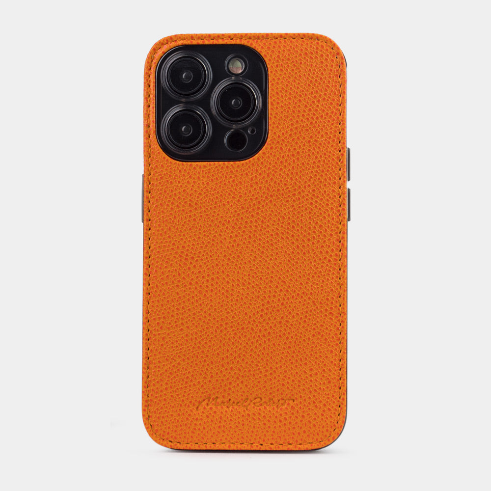 Orange Saffiano Cover Case iPhone 15 Pro Max - view from camera side and how the lenses are efficiently protected