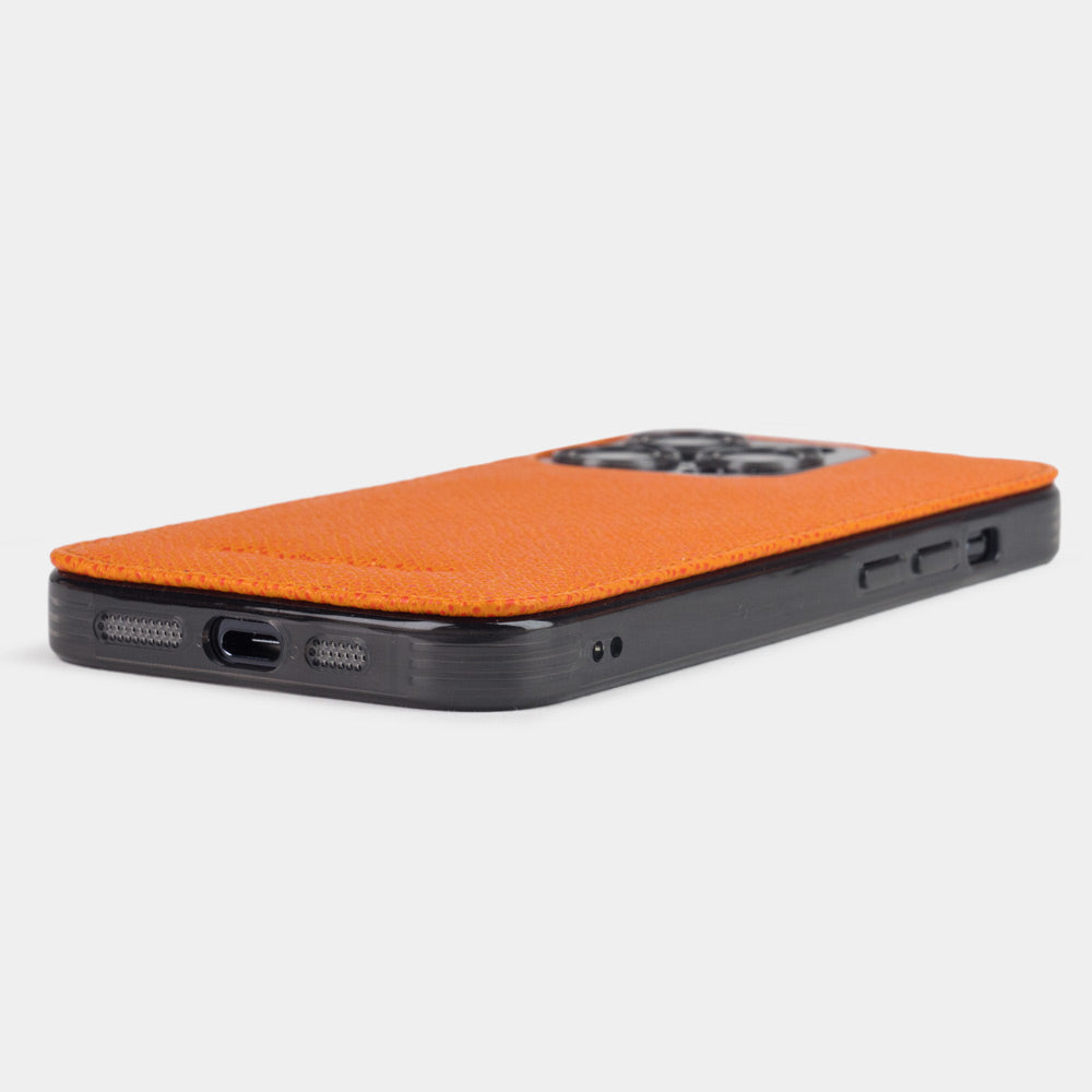 Orange Saffiano Cover Case iPhone 15 Pro Max - flat side view displaying ultra-thin handcrafted design, USB-C port opening and precise edge finishing
