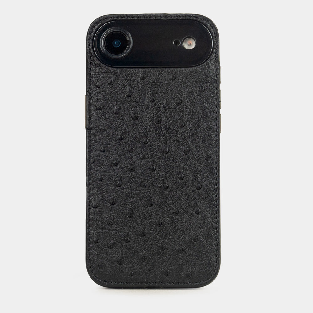 Black Ostrich Cover Case iPhone 17 Air - case with textured quill pattern, view from camera side and how the lenses are efficiently protected