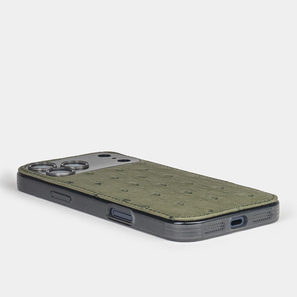 green Ostrich Cover Case iPhone 17 Pro - flat side view displaying ultra-thin handcrafted design, USB-C port opening and precise edge finishing