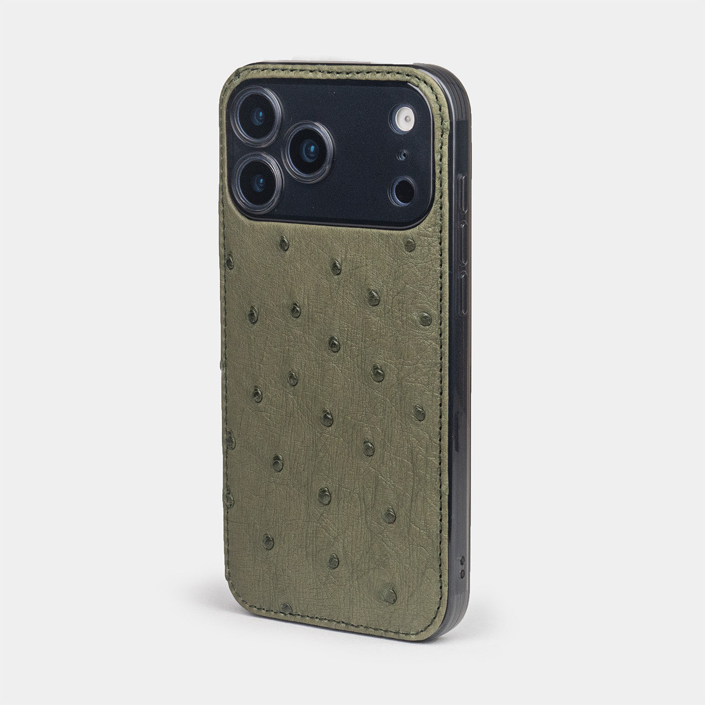 green Ostrich Cover Case iPhone 17 Pro blue – luxury handmade phone case in genuine ostrich leather, view of the cameras