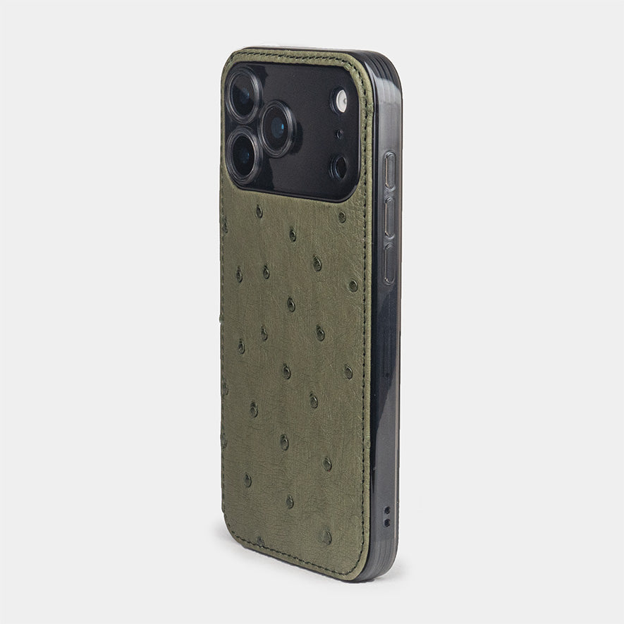 green Ostrich Cover Case iPhone 17 Pro – luxury handmade phone case in genuine ostrich leather, view of the side