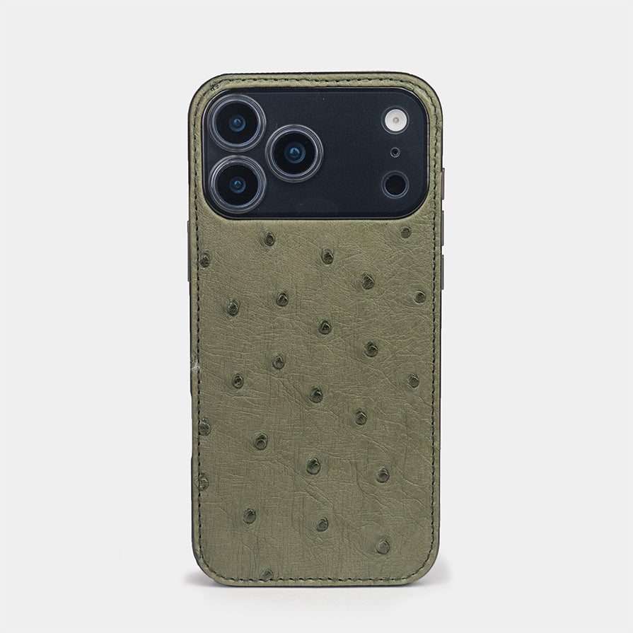 Green Ostrich Cover Case iPhone 17 Pro blue – luxury handmade phone case in genuine ostrich leather