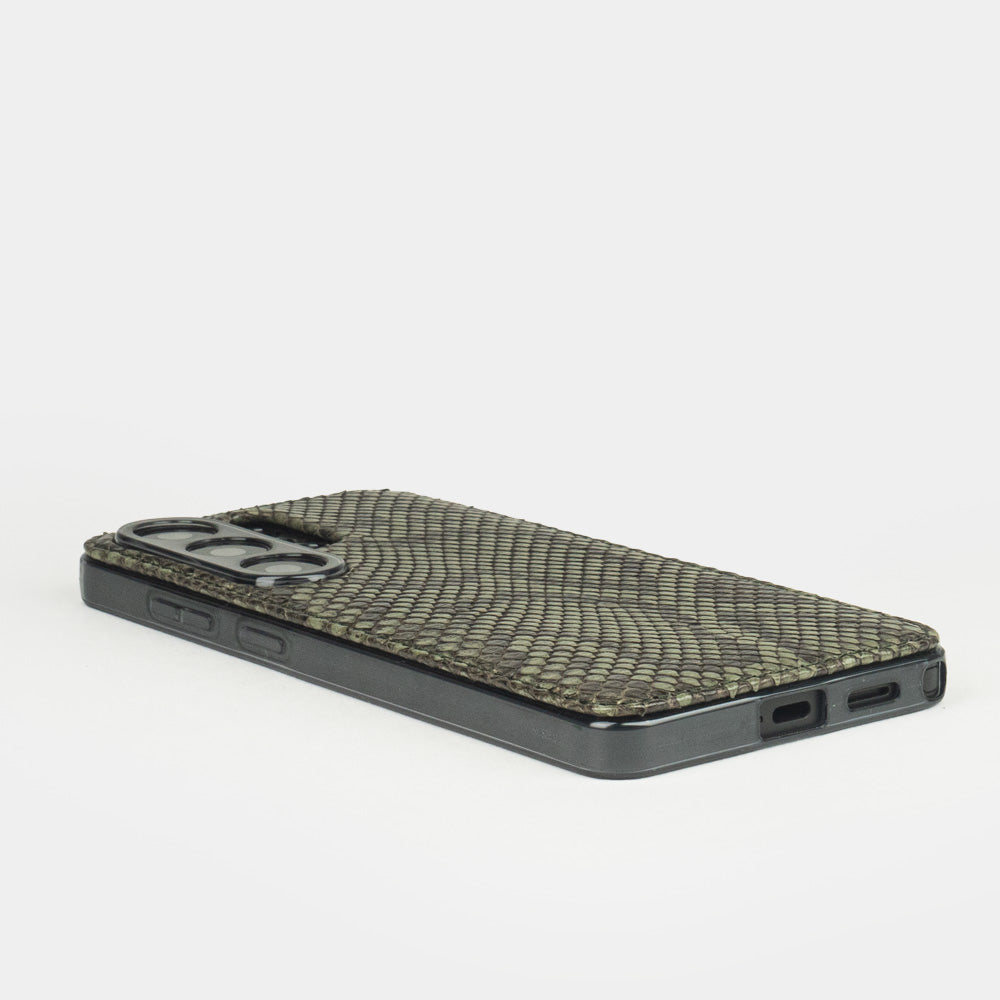 green Python Cover Case Samsung S26 Ultra - flat side view displaying ultra-thin handcrafted design, USB-C port & S-Pen openings