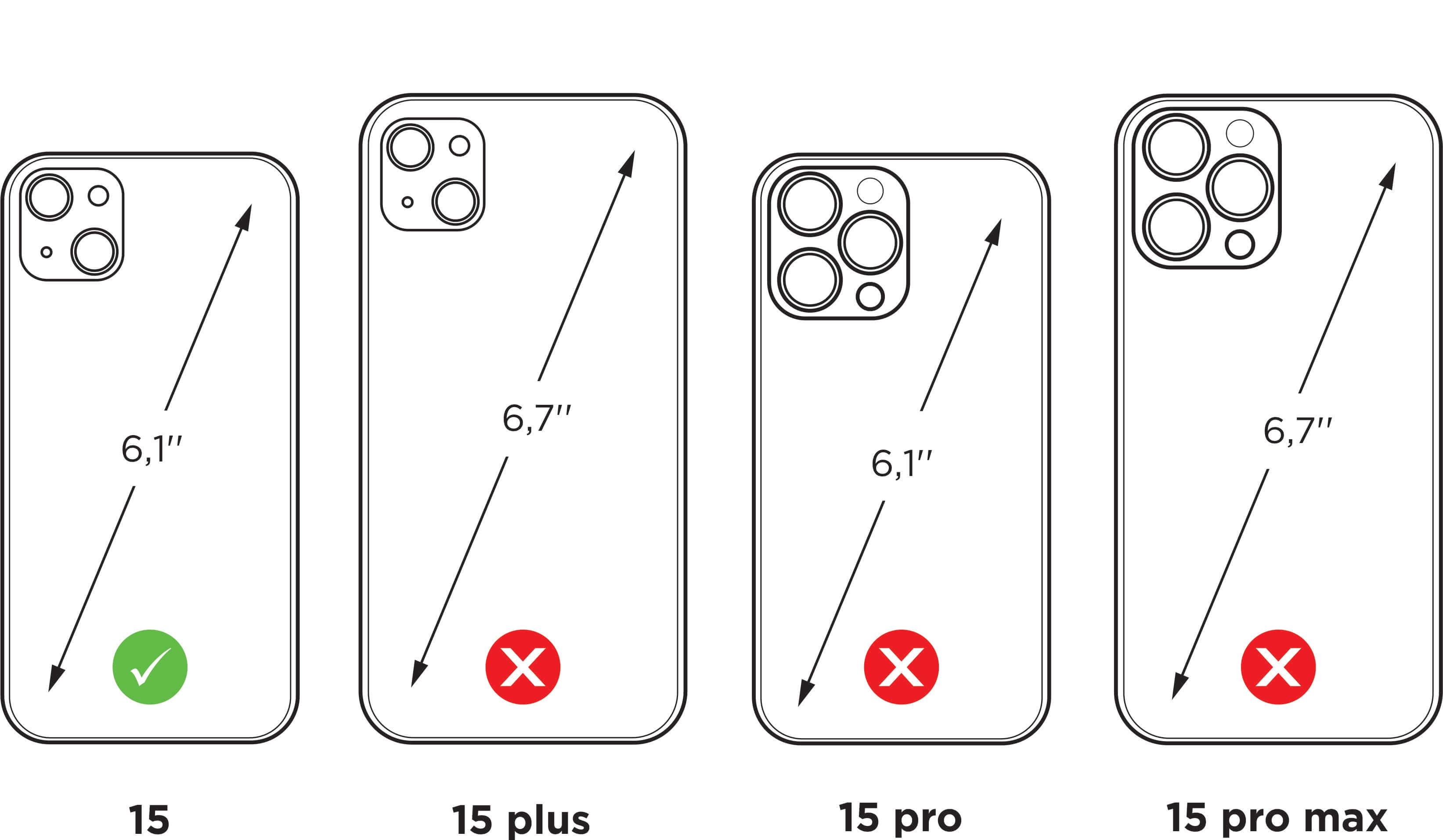 Compatibility guide illustration showing Marcel Robert leather case fits iPhone 15, not compatible with iPhone 15 plus, 15 Pro or 15 Pro Max