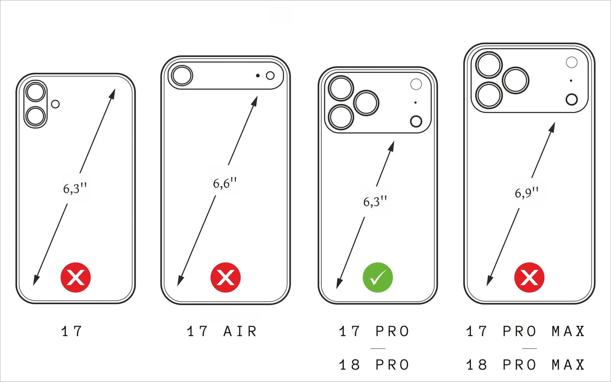 Diagrama de compatibilidad: funda solo para iPhone 18 Pro y iPhone 17 Pro, no para iPhone 17, 17 Air, 17 Pro Max o 18 Pro Max