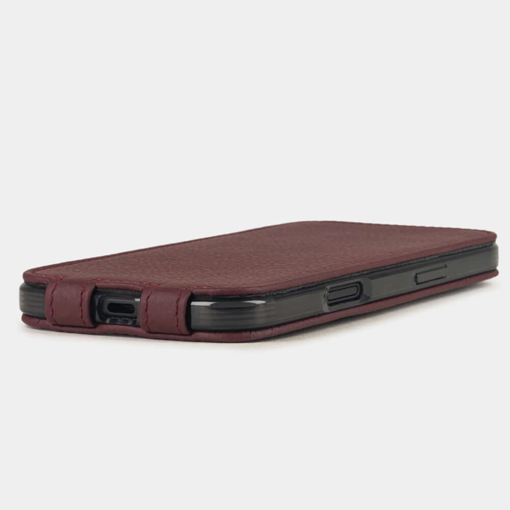 Bordeaux Calfskin Case iPhone 17 Air - flat side view displaying ultra-thin handcrafted design, USB-C port opening and precise edge finishing
