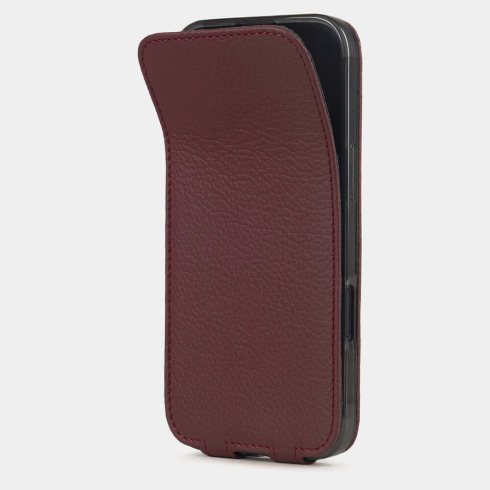Bordeaux Calfskin Case iPhone 17 Air – phone flip case with textured natural scale pattern, flexible front cover folding back to protect the smartphone screen